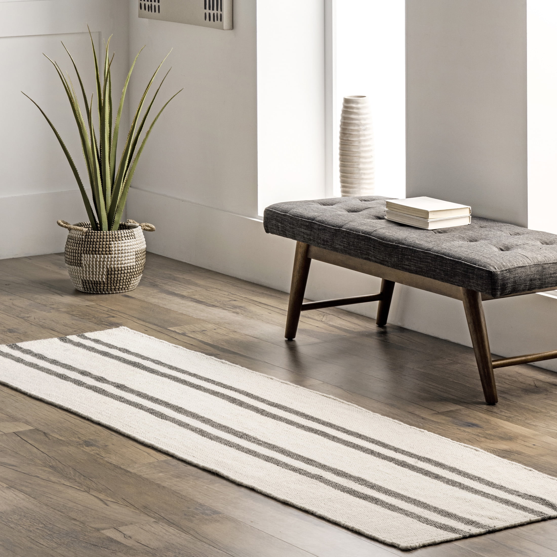 Ivory and Gray Wool Flatwoven Striped Runner Rug, 2' x 8'