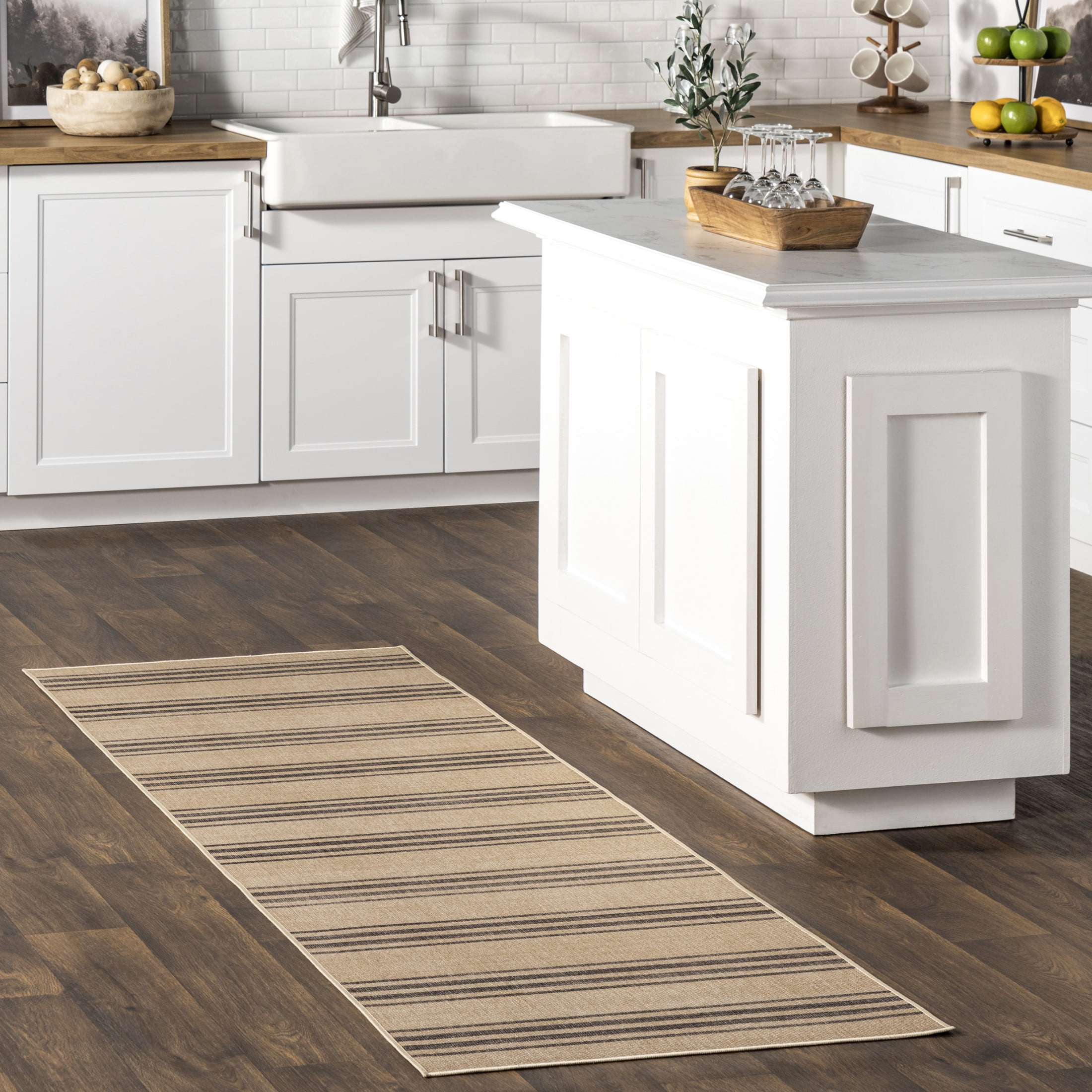Gray and Natural Striped Washable Synthetic Runner Rug