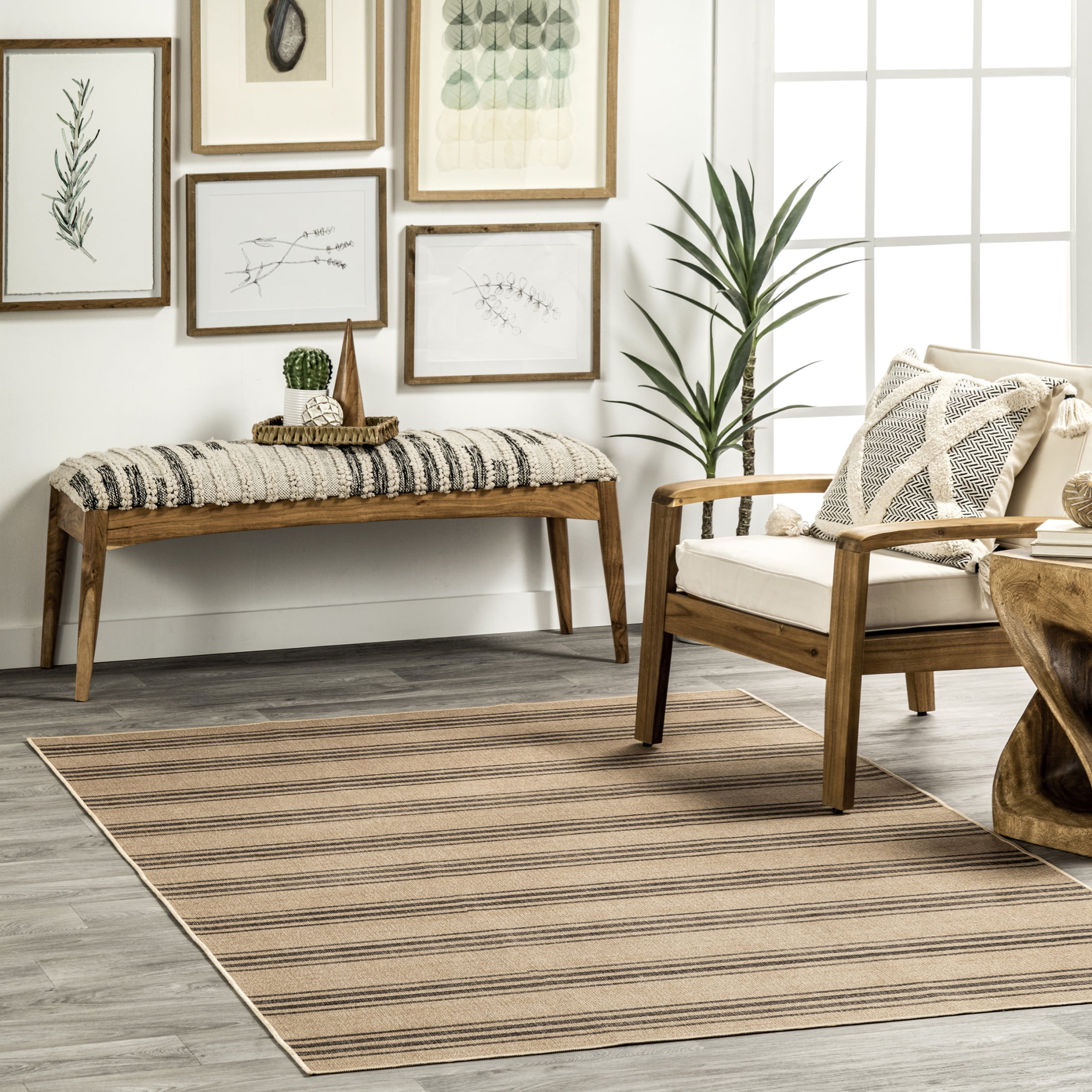 Natural Beige and Brown Striped Synthetic 9' x 12' Washable Area Rug