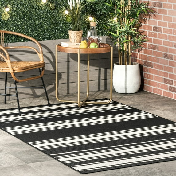 Romy Striped Indoor/Outdoor Area Rug, 6' 7" x 9', Montana Black
