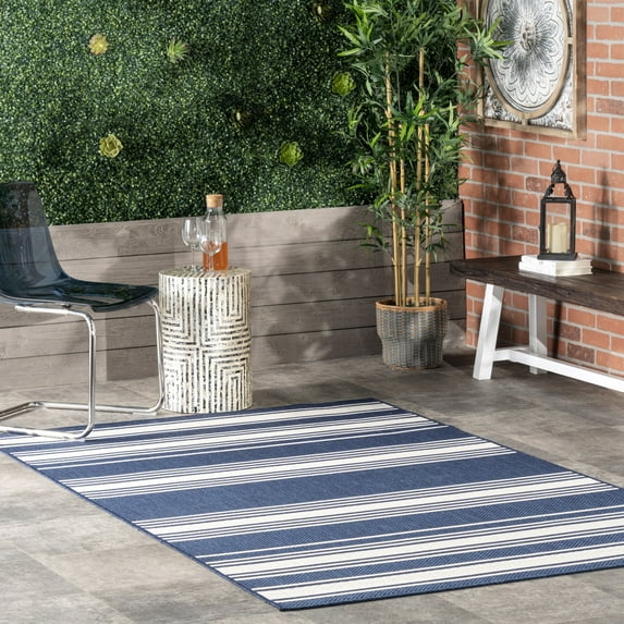 Romy Striped Indoor/Outdoor Area Rug, 9' 6" x 12', Montana Navy