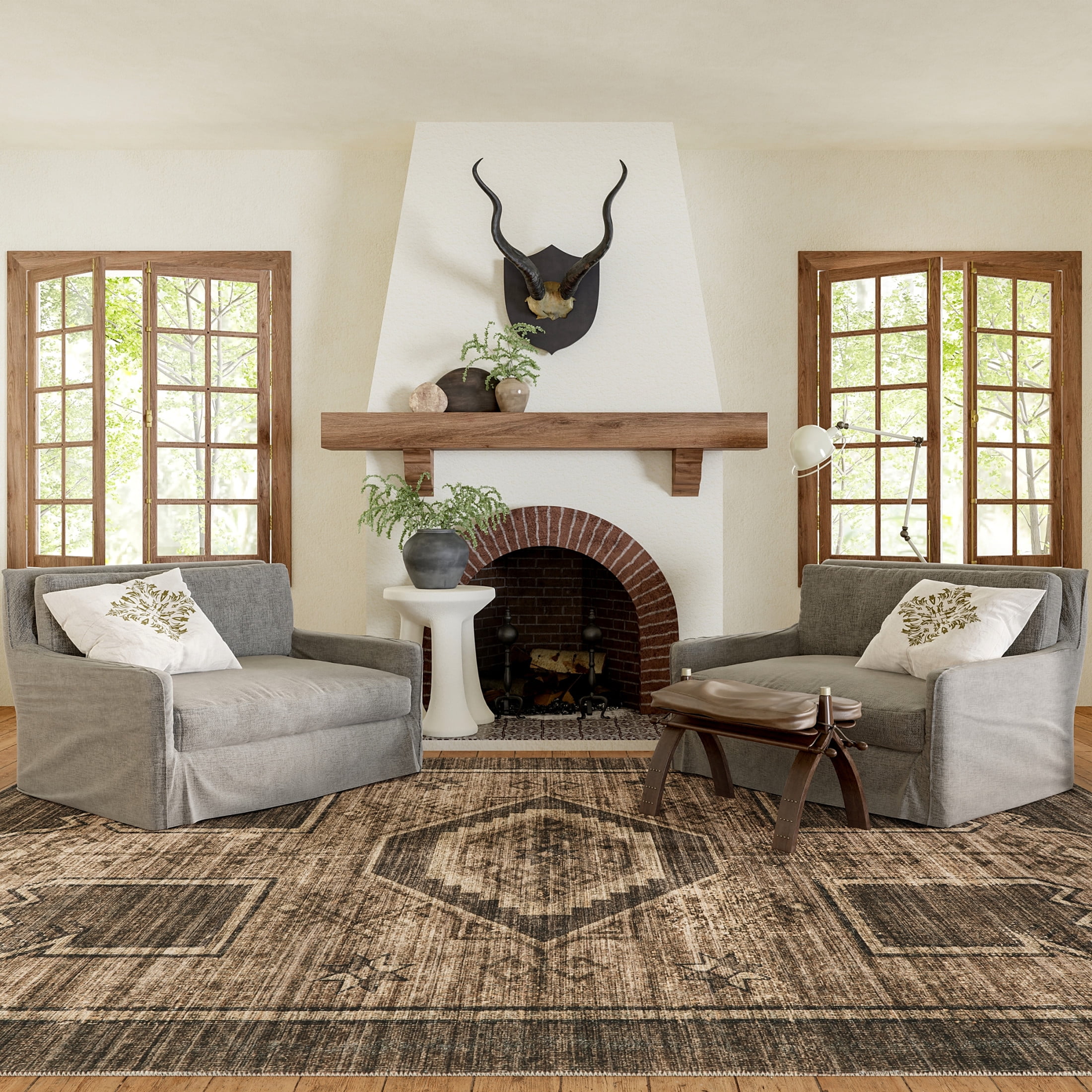 Sagebrush Dark Brown Geometric Synthetic Washable Area Rug, 8' x 10'