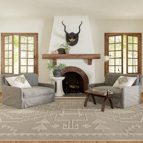 Rugs USA Sequoia Tribal Textured Indoor/Outdoor Area Rug, 8' 10" x 12', Liess Beige