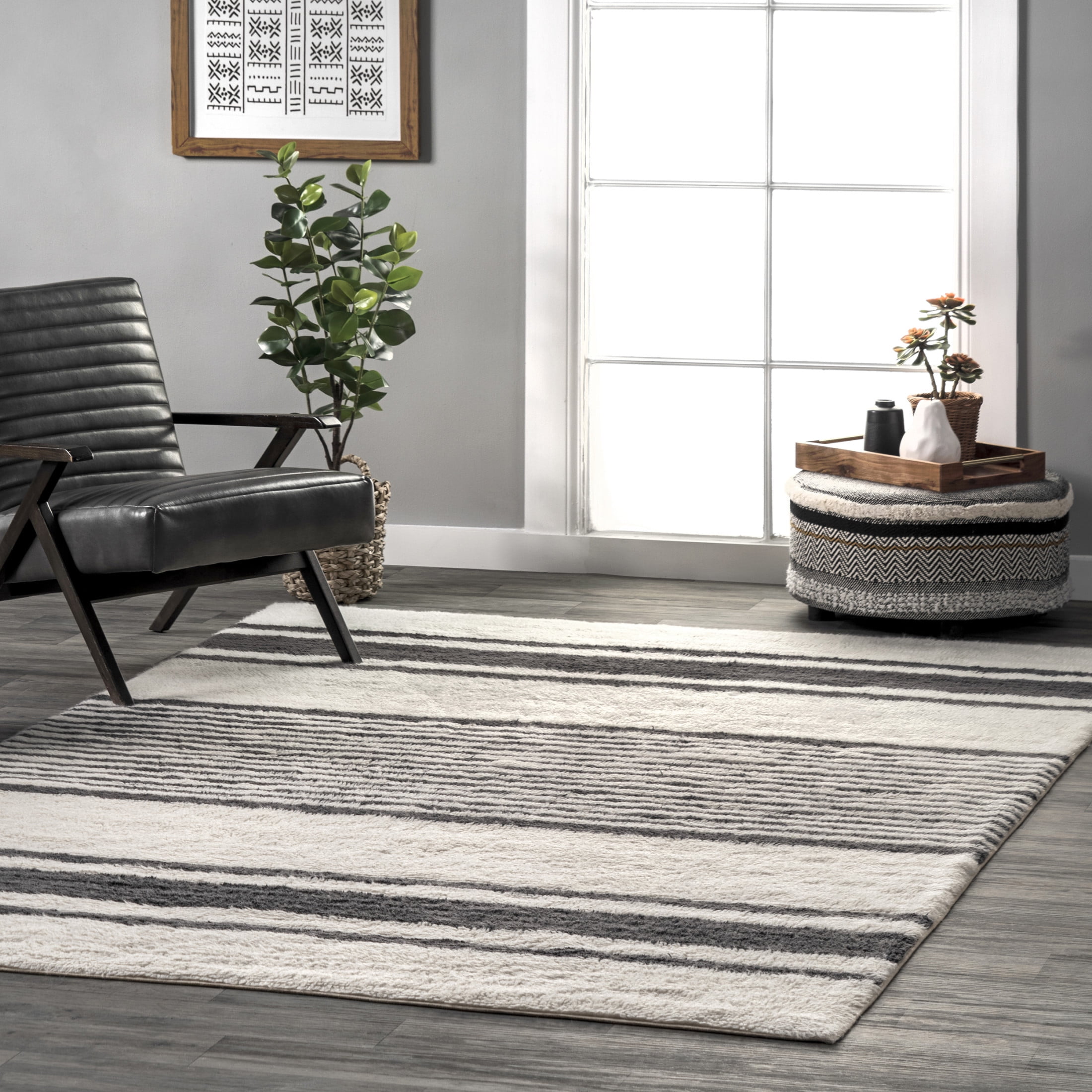 Ivory and Black Striped Wool Washable Area Rug 5' x 8'