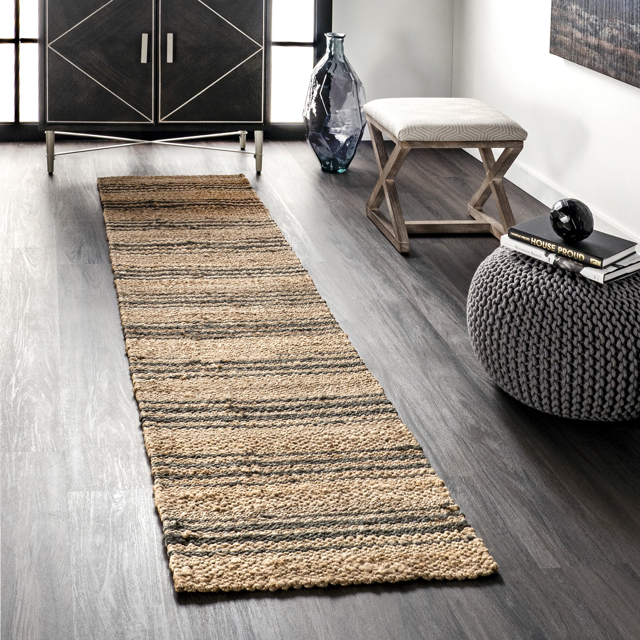 Natural Sandy Striped Jute Runner Rug, 2' x 8'