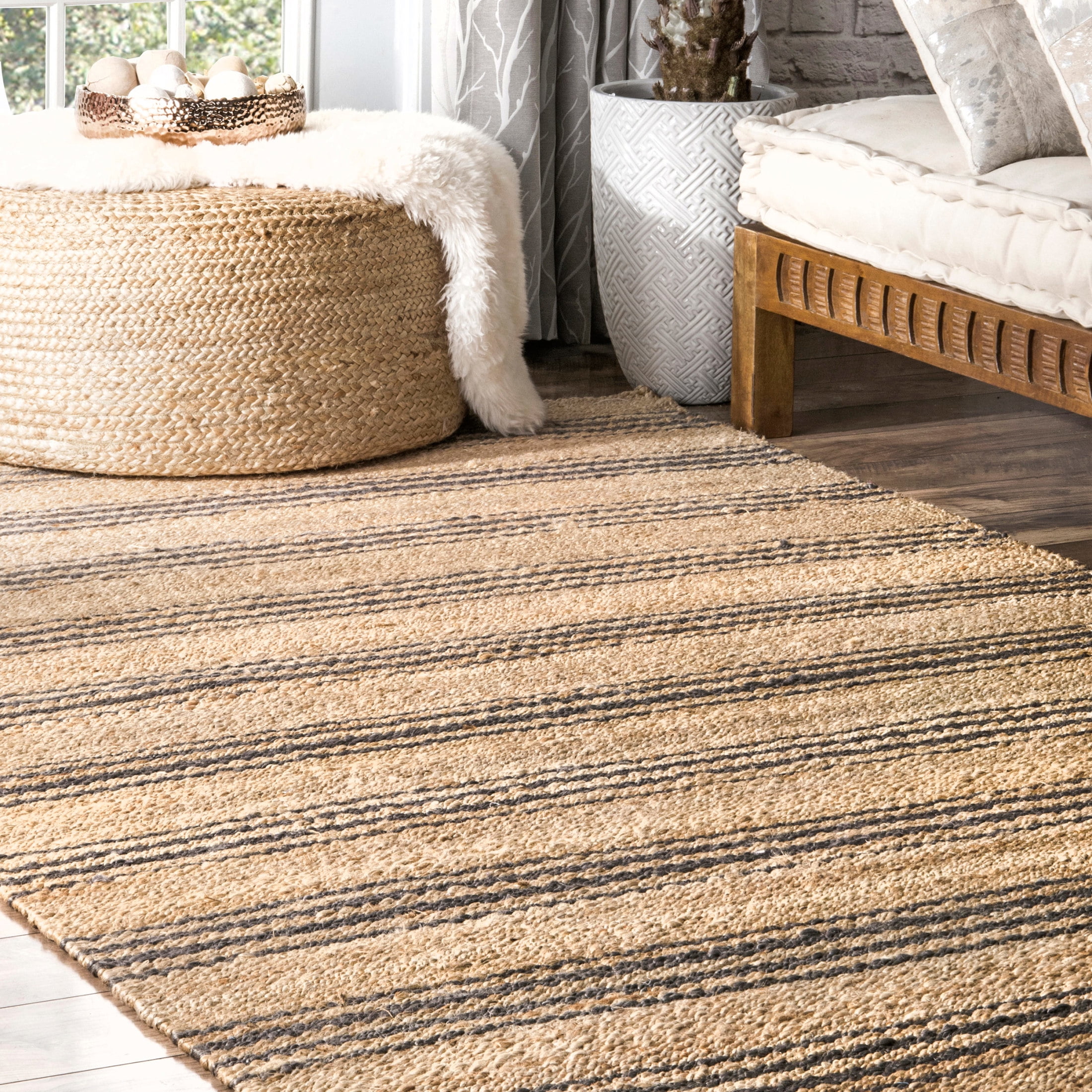 Natural Striped Jute Handmade Square Area Rug