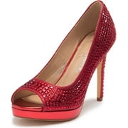 LAUREN LORRAINE Candie 12 Rhinestone Peep Toe Platform Wedding Prom Dress Pumps (Red, 6)
