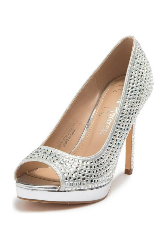 Candie-12 Silver Crystal Embellished Peep Toe Platform Formal Pumps (Silver, 8.5)