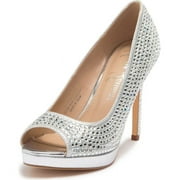 LAUREN LORRAINE Candie-12 Silver Crystal Embellished Peep Toe Platform Formal Pumps (Silver, 8.5)