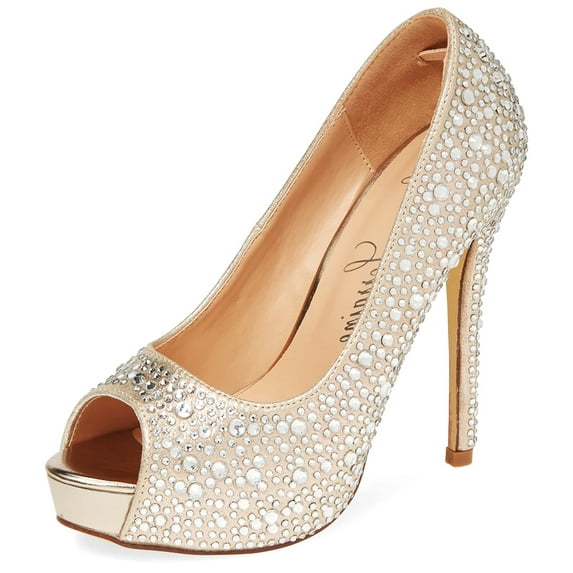 Lauren Lorraine Candy Nude Rhinestone High Platform Peep Toe Wedding Formal Pumps (Nude, 9.5)
