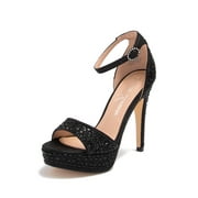 LAUREN LORRAINE Eifel Open Toe Rhinestone Ankle Strap Open Platform Prom Pumps (Black, 5.5)