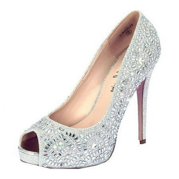 Lauren Lorraine Elissa Rhinestone Prom Peep Open Toe Formal Wedding Dress Pumps (silver, 5.5)