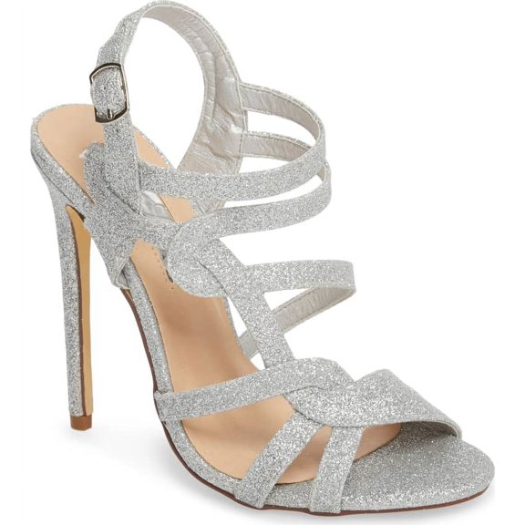 Lauren Lorraine Gidget Strappy Glitter Sandal High Formal Open Toe Prom Pump (Silver, 9.5)