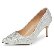 LAUREN LORRAINE JEWEL Pumps Silver Rhinstone Pointed Toe Mid Heel Formal Pump (SILVER, 5.5)