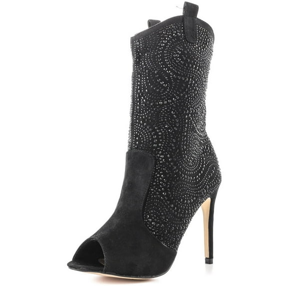 Lauren Lorraine Layla Suede Rhinestone Peep Toe Cowboy Prom Stiletto Dress Boots (Black, 5.5)
