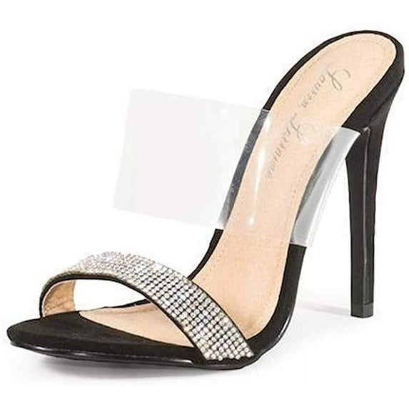 Lauren Lorraine Les Clear Cuff Rhinestone Band Heeled Mule Formal Dress Sandals (Black, 8.5)