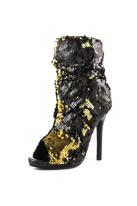 Marlow Black / Gold Sequin Peep Toe High Heel Sexy Dress Booties (Black, 5.5)
