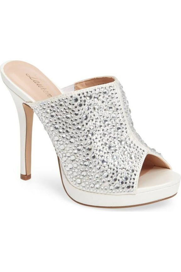 Mimi White Rhinestone Embellished Slide Mule Sandal Pumps (5.5)