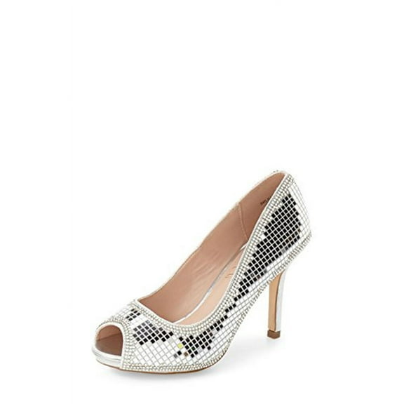 Lauren Lorraine Pauline Peep Toe Mirror Rinestone Evening Formal Dress Pumps (Silver, 6)