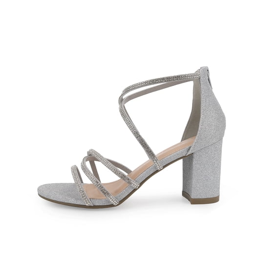 Lauren Lorraine Sylvie Silver Sparkling Crystals Close Back Block Heeled Sandals (Silver, 8.5)