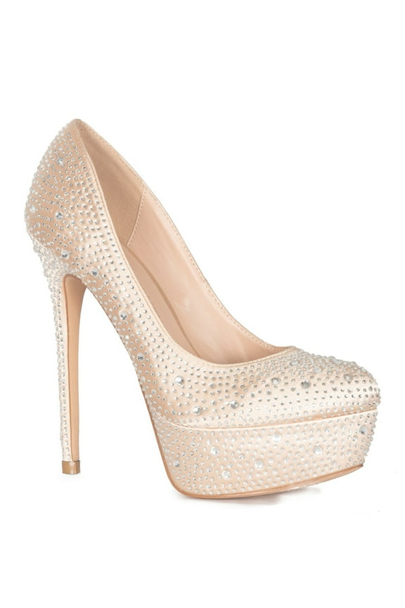 Victoria Nude Sparkly Crystal Ebellished Platform Heeled Pumps (9.5, Nude)