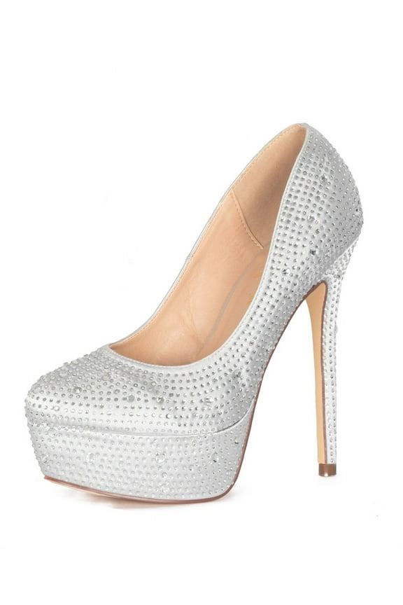 Victoria Platform Pump Rhinestone High Heel Formal Dress Shoes (Silver, 8)