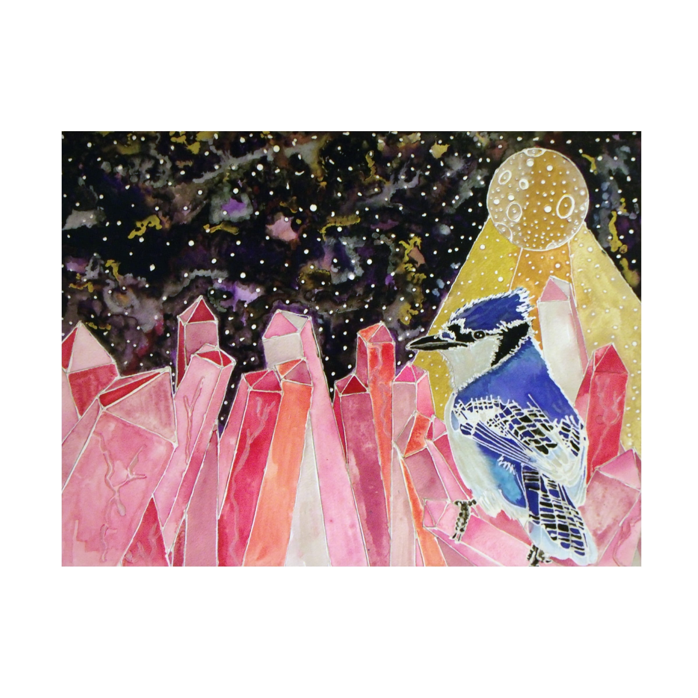 Cosmic Crystal Blue Jay Abstract Canvas Art in Pink and Black