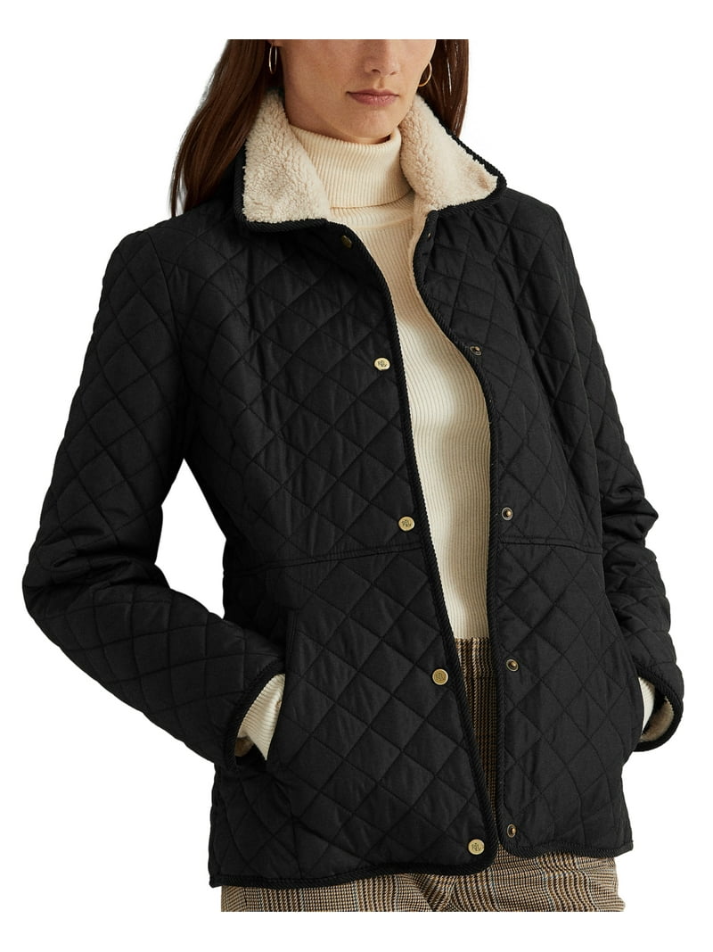 Lauren Ralph Lauren BLACK Women's Faux-Sherpa Collar Quilted Coat