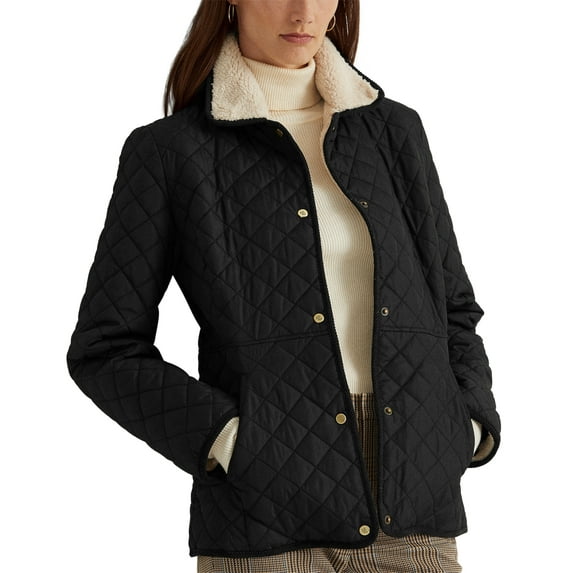Lauren Ralph Lauren BLACK Women's Faux-Sherpa Collar Quilted Coat, M