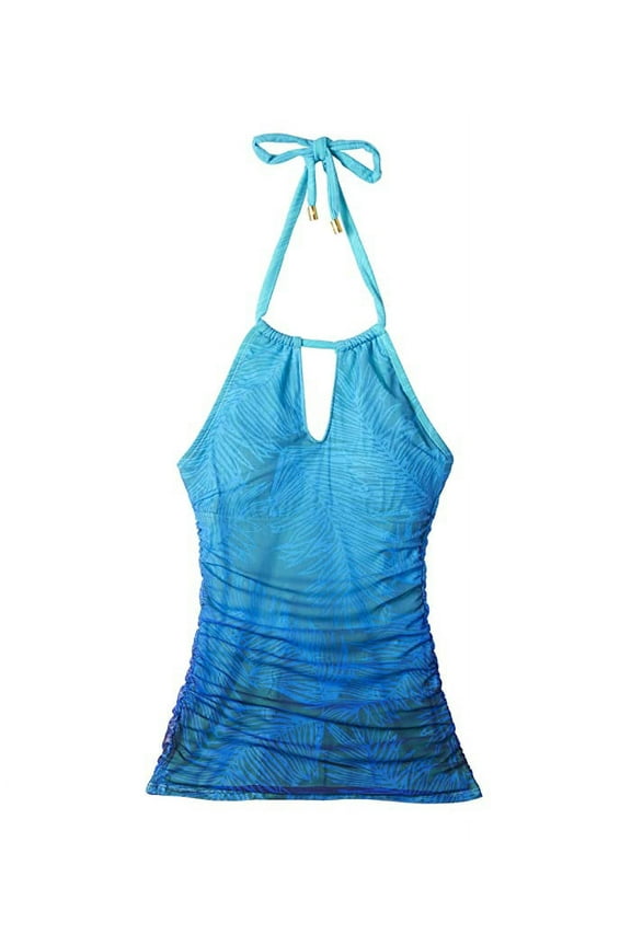 BLUE Ombre Palm High Neck Halterkini Swim Top, US 6