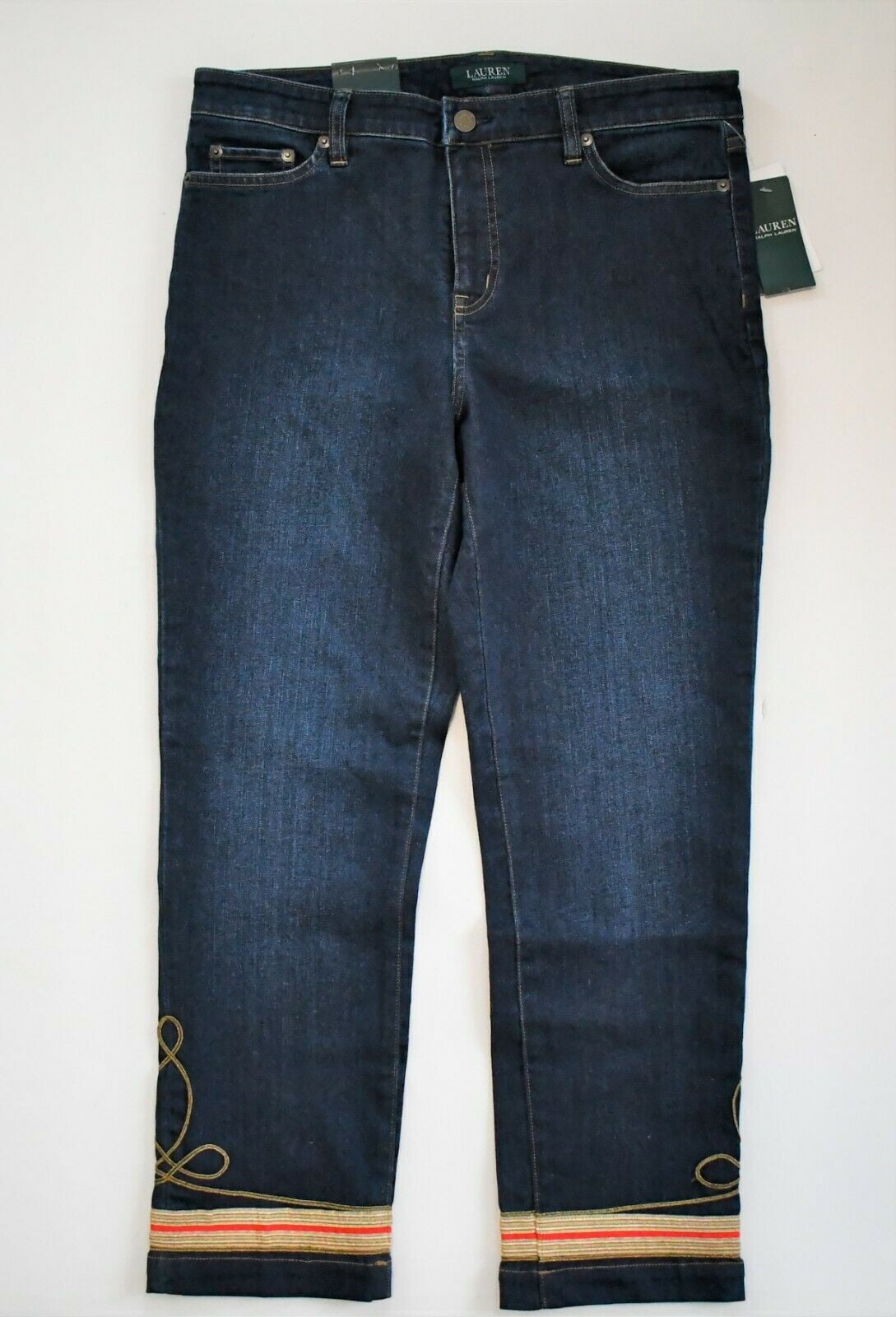 Lauren Ralph Lauren BLUE Women's Gold Soutache Straight Ankle Jeans US 8