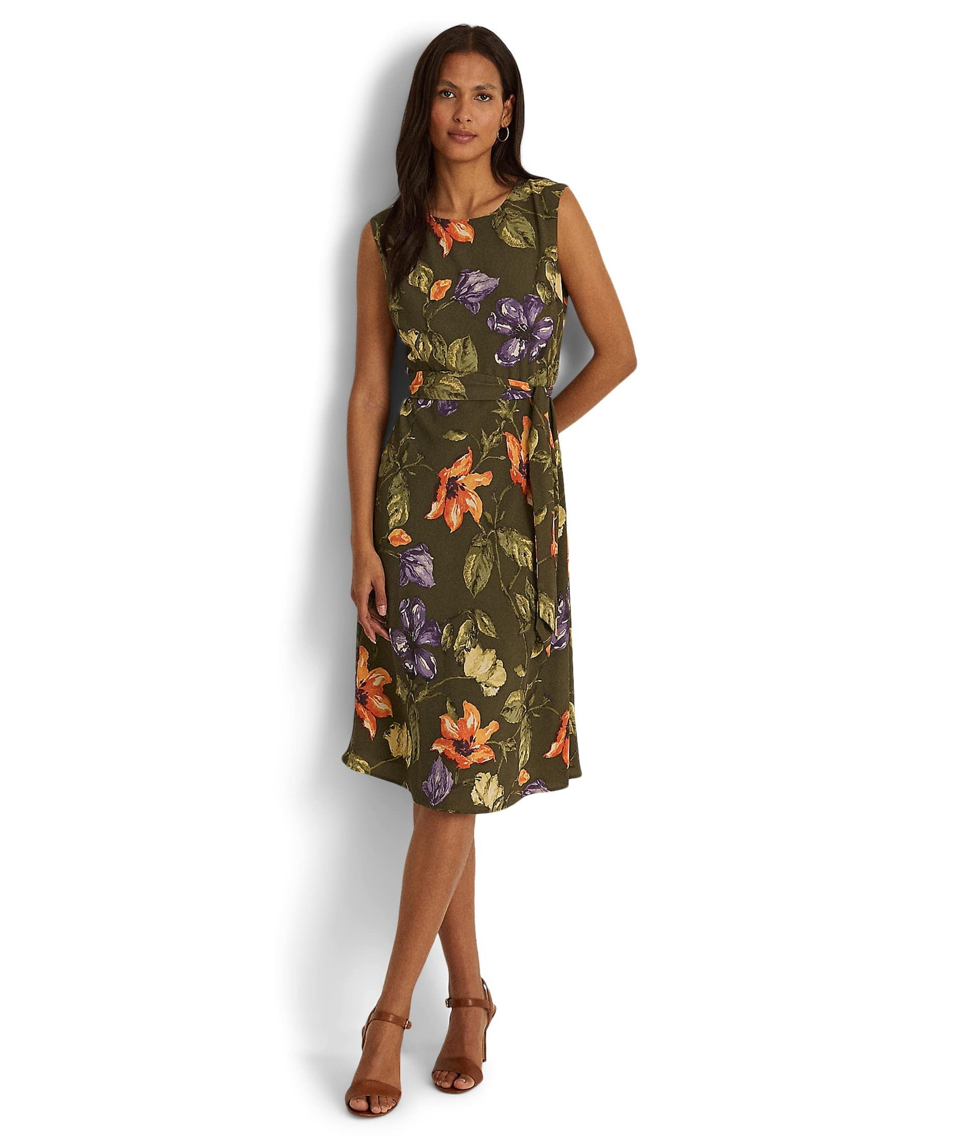 Lauren Ralph Lauren Floral Belted Crepe Dress - Olive Multi - Size 0