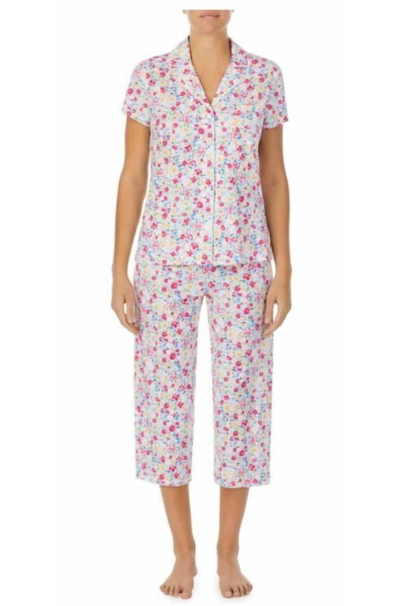 Floral Notch Capri Knit Pajama Set Top Large Bottom Small