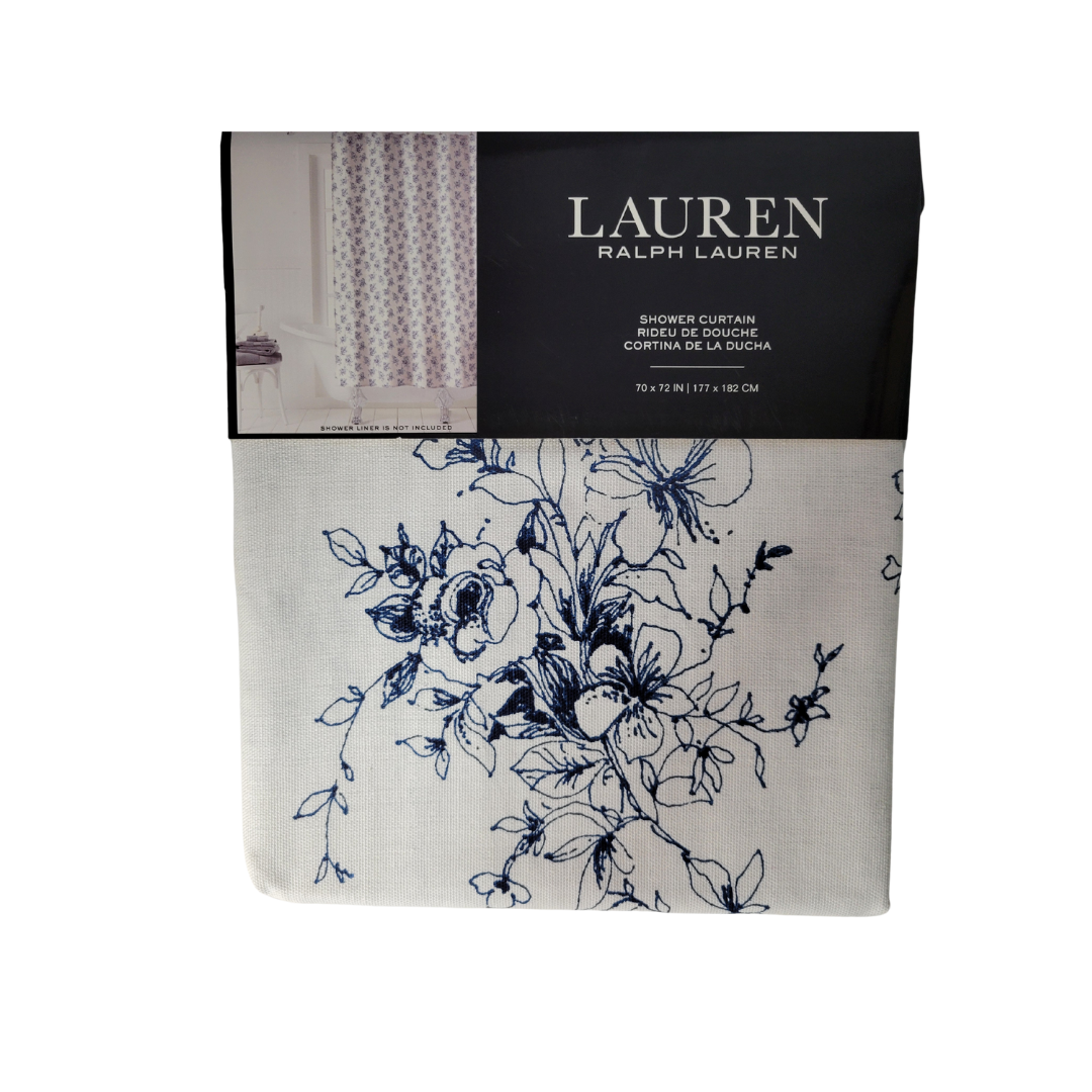 Lauren Ralph Lauren Ink Blue Floral Pattern Fabric Shower Curtain