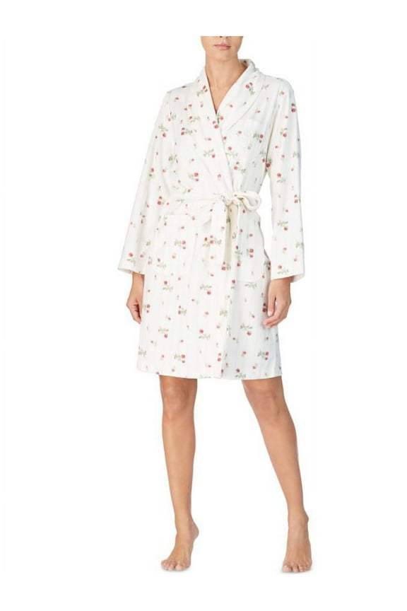 Lauren Ralph Lauren Ivory Floral Printed Fleece Short Wrap Robe, XS
