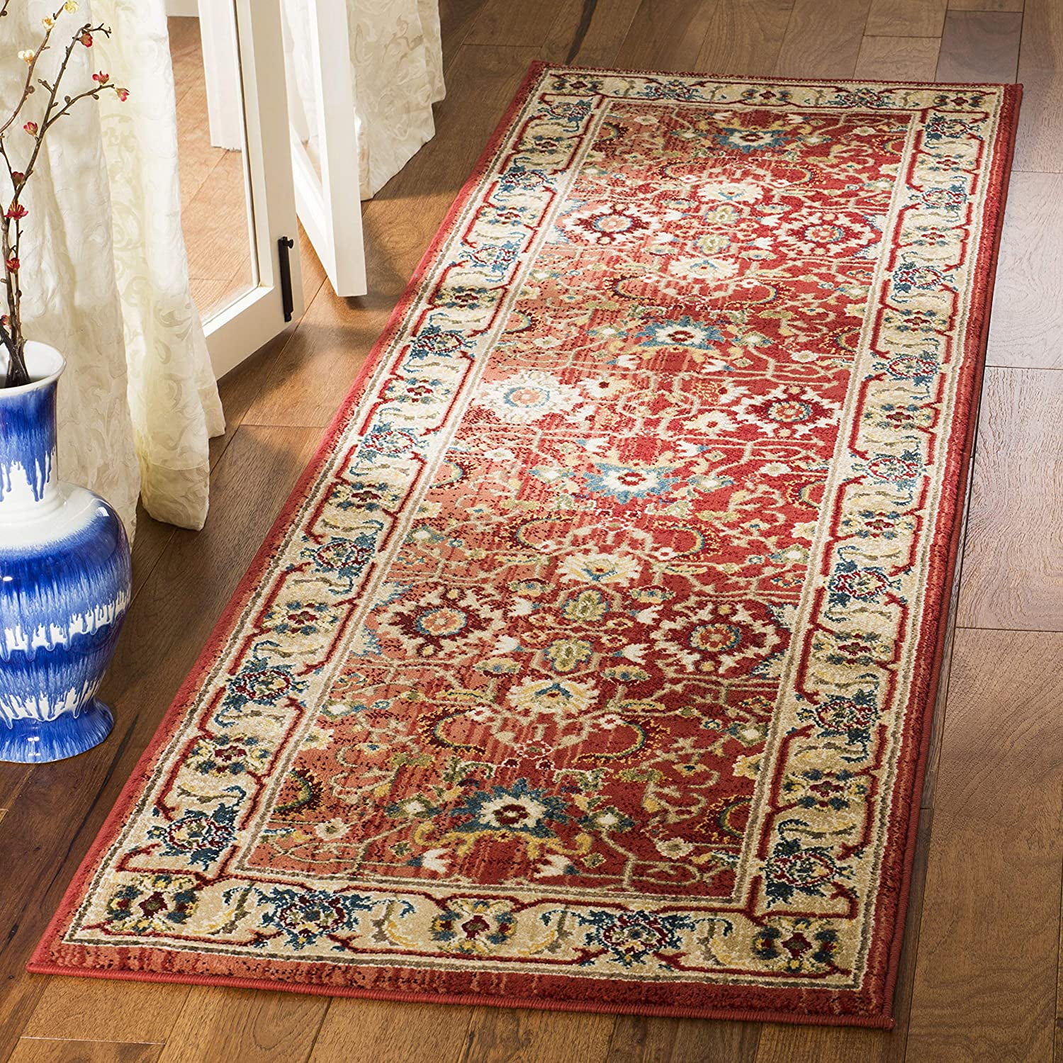 Ines Red and Beige Hand-knotted Synthetic Runner Rug