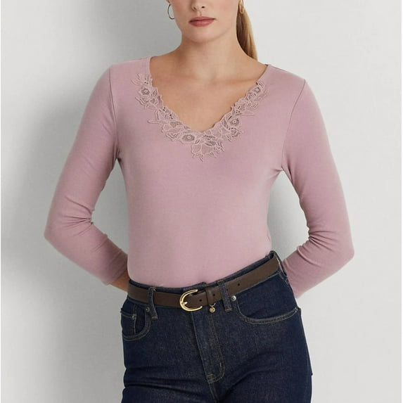Lauren Ralph Lauren Women's Lace-Trim Stretch Cotton Top (XS, Scottish Primrose)