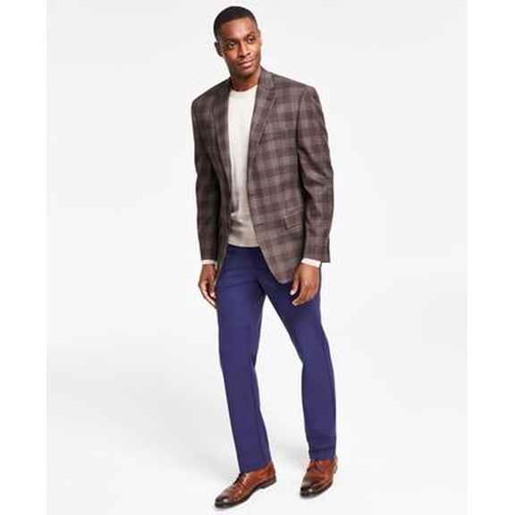 Lauren Ralph Lauren Mens Classic-Fit Ultraflex Stretch Brown/Navy Plaid Sport Coat, 46R