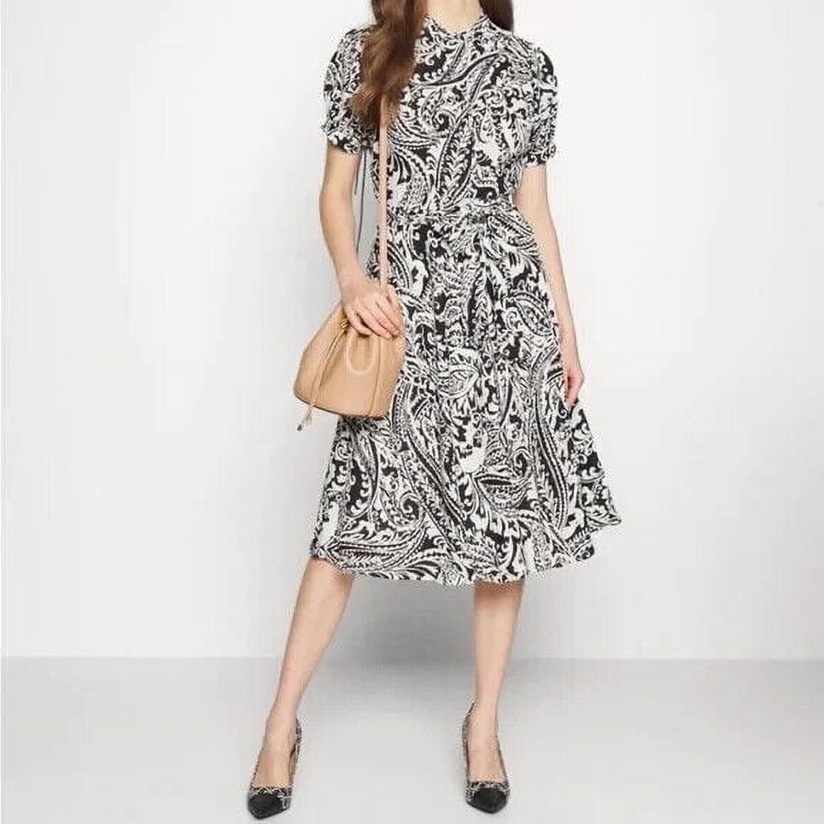 ralph lauren black and white floral dress Lauren Ralph Lauren Leaf-Print Belted Crepe Dress in Cream/Black
