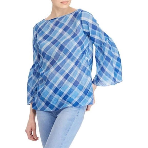 Lauren Ralph Lauren Petite Bell-Sleeve Boat Neck Top Blue Multi PM
