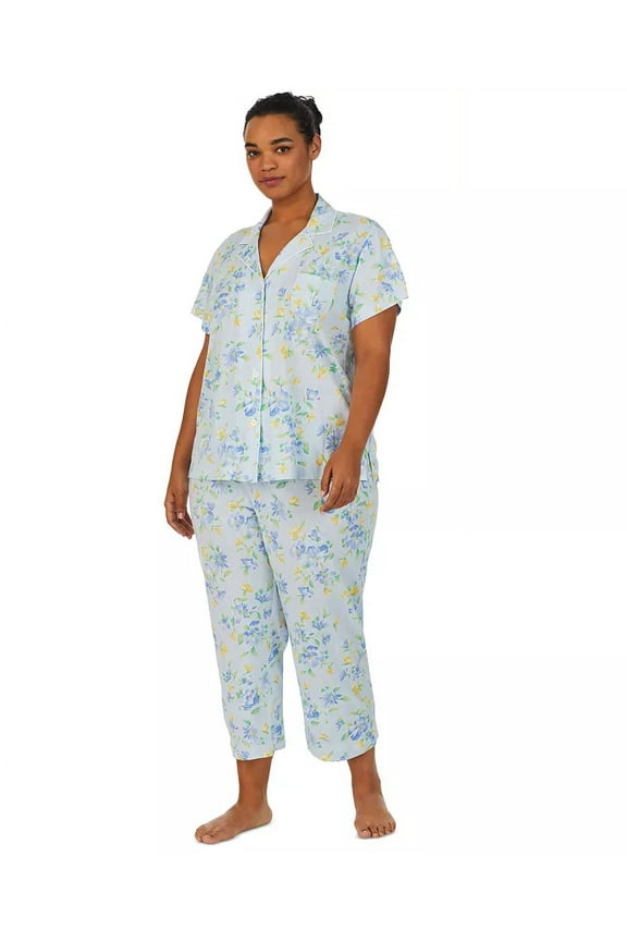 Plus Size Floral Capri Pajamas Blue Novelty 2X