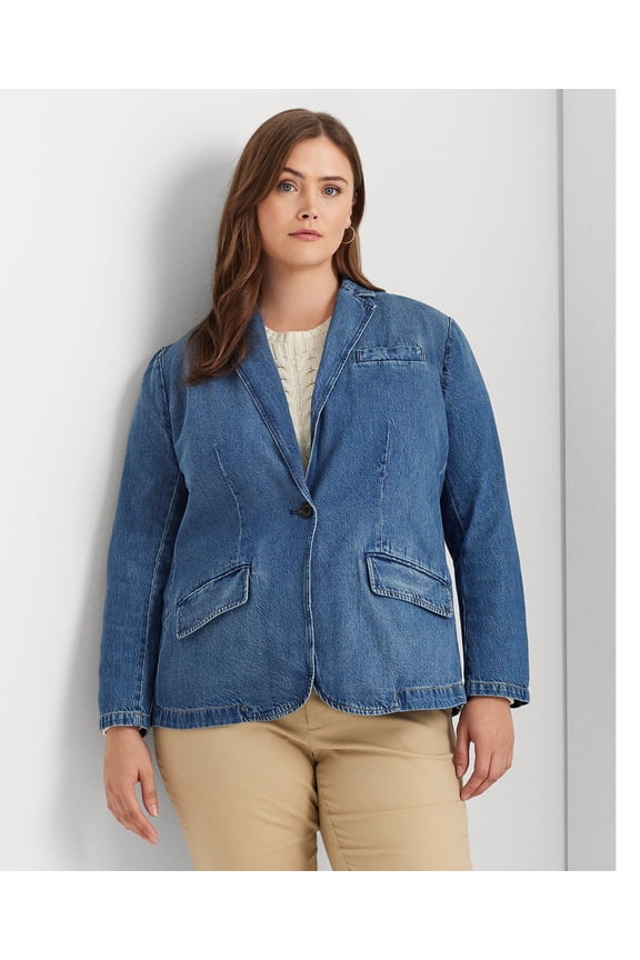 Plus Size One-Button Denim Blazer City Blue Wash, 14W