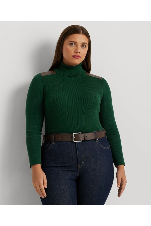 Plus Size Ribbed Elbow-Patch Turtleneck Season Green, 1X