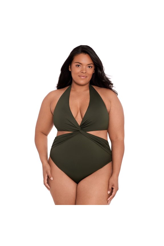 Plus Size Twist-Front Cut-Out One-Piece Swimsuit Olive 16W