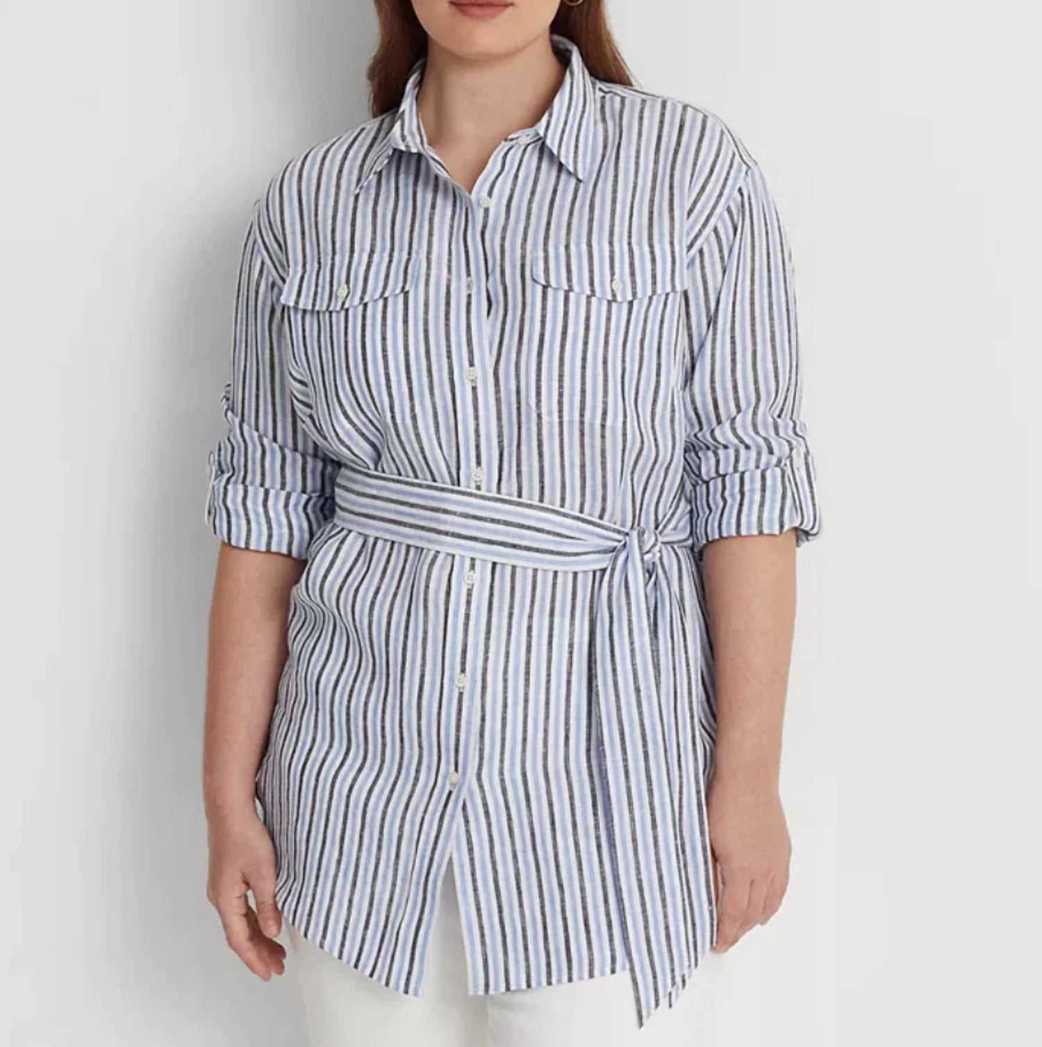 PLUS MULTI STRIPE PATTERN COLLARED TAB SLEEVE TOP