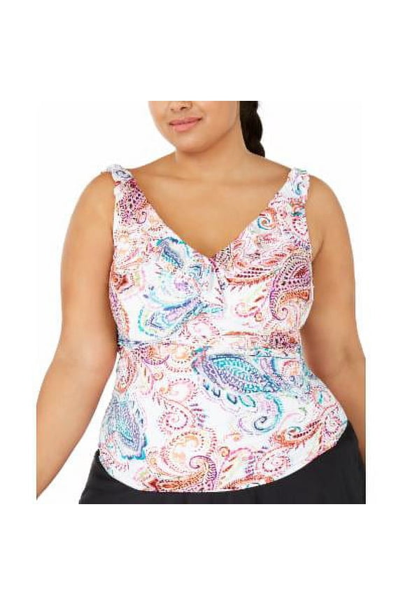 WHITE MULTI Plus Size Captiva Paisley Tankini Top, US 20W