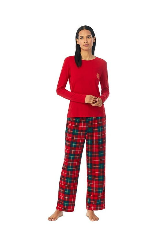 Womens 2-Pc. Knit-Top Fleece-Pant Pajamas Set Red Plaid, X-Large