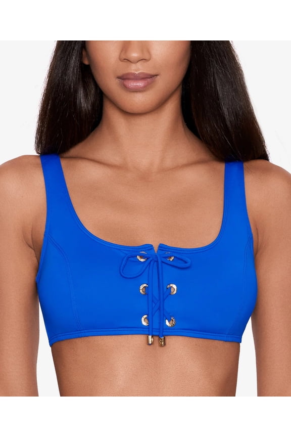 Women's Blue Over-The-Shoulder Lace-Up Bikini Top