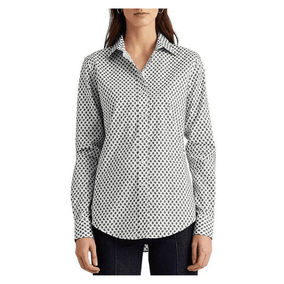 Lauren Ralph Lauren Women's, Easy Care Paisley Long Sleeve Shirt, White, XS