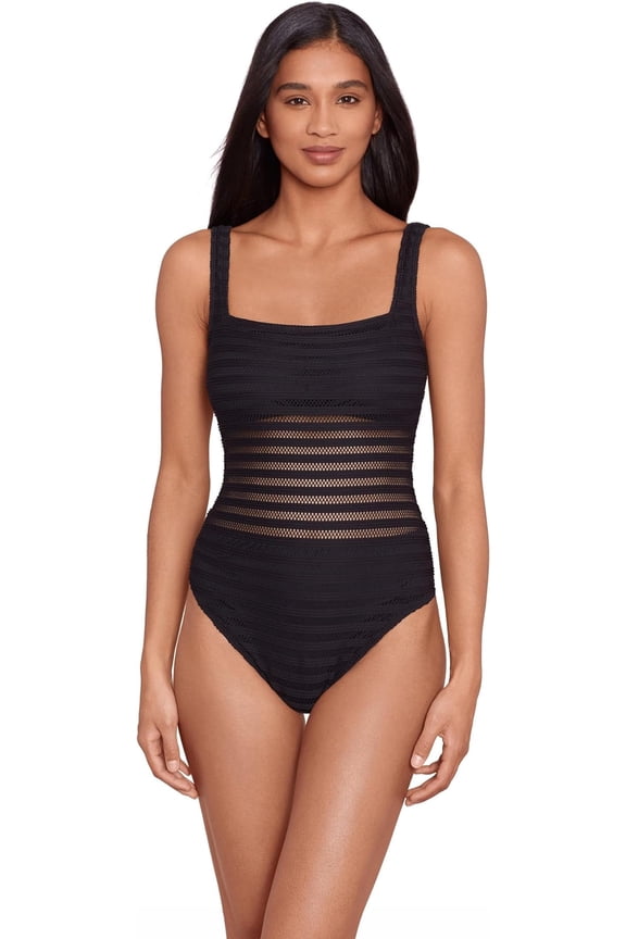 Women's Ottoman Mesh Square Neck Over The Shoulder One Piece, Black, Size 20